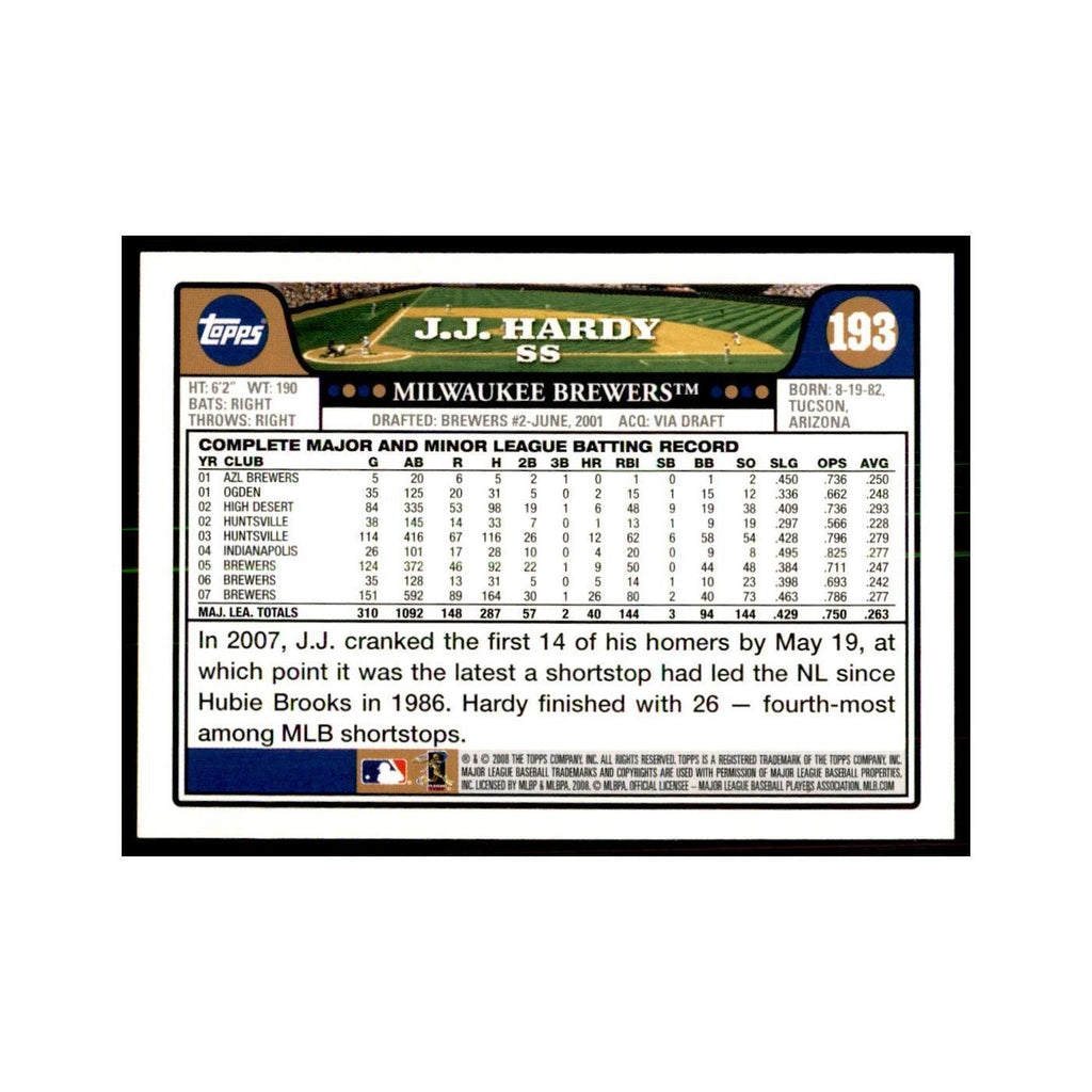 J.J. Hardy 2008 Topps #193 Baseball Cards Baseball Card NM