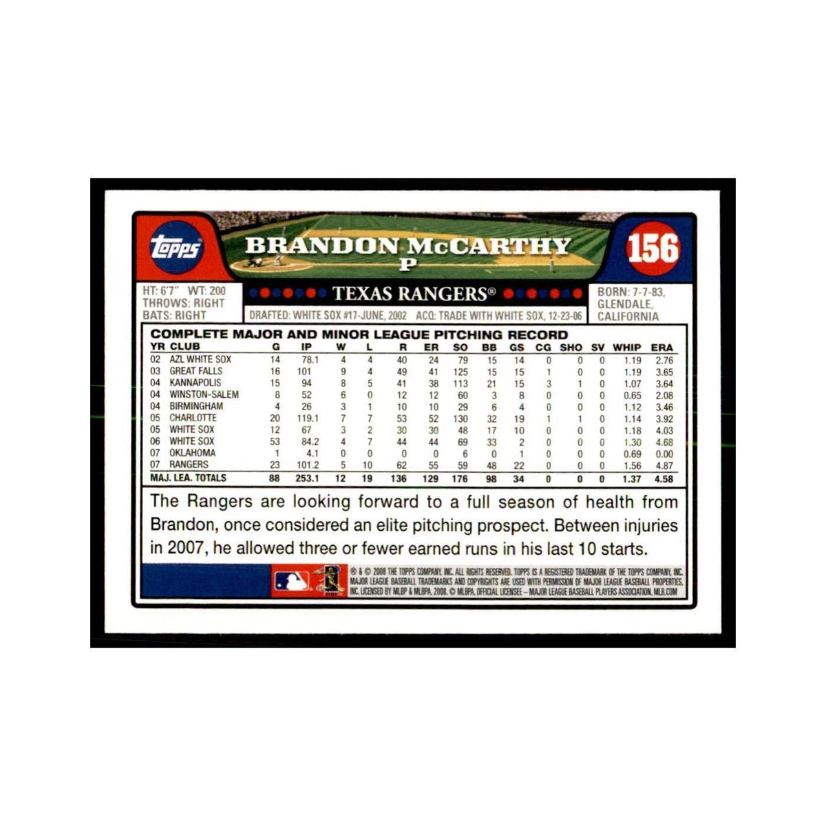 Brandon McCarthy 2008 Topps #156 Baseball Cards Baseball Card NM