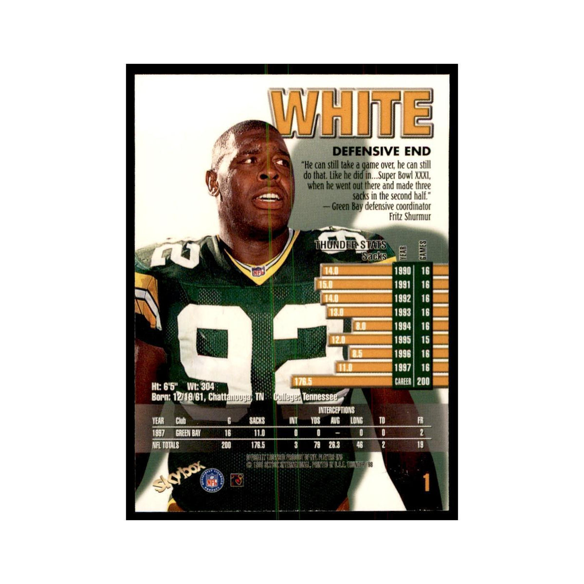 Reggie White 1998 SkyBox Thunder #1 Football Cards Football Card NM