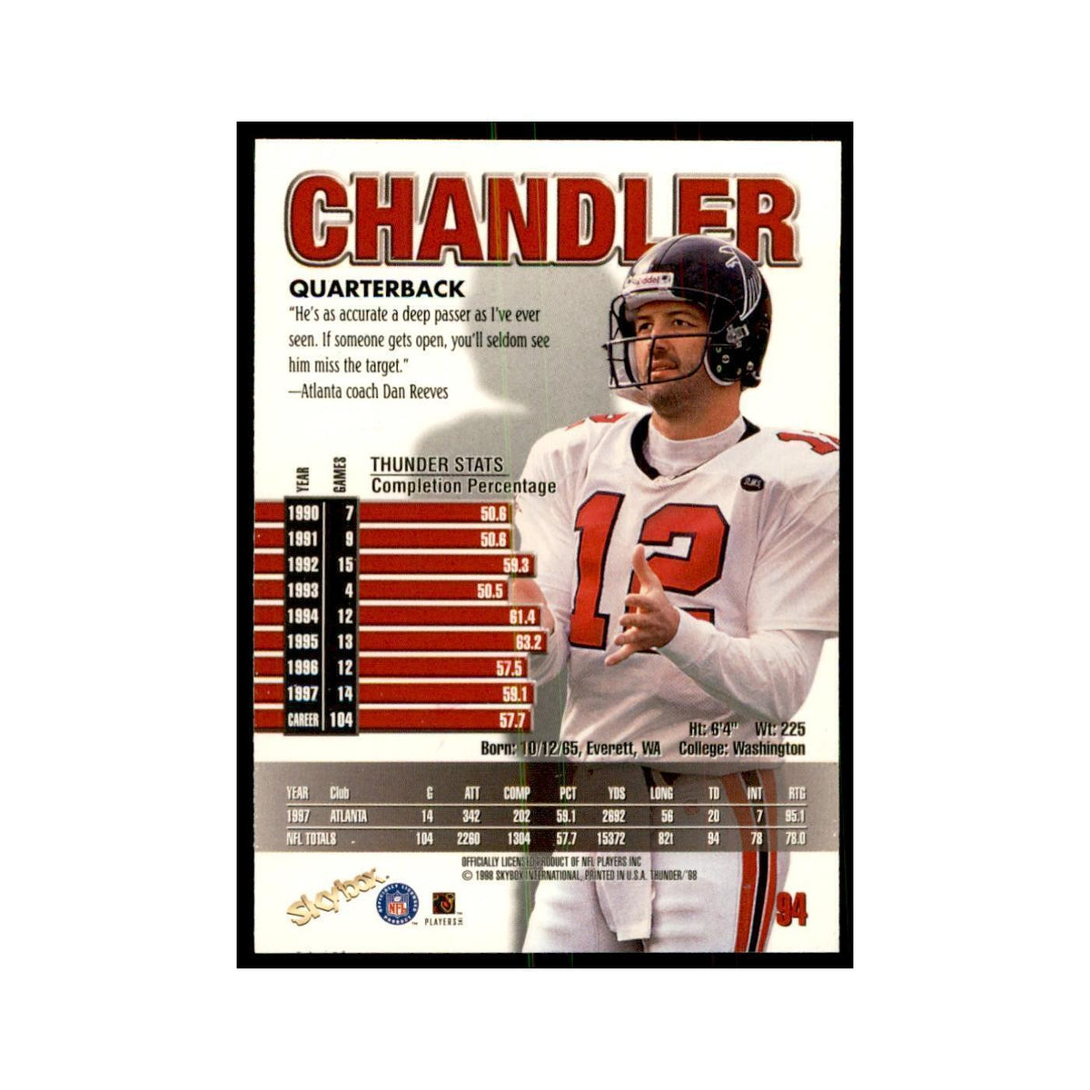 Chris Chandler 1998 SkyBox Thunder #94 Football Cards Football Card NM