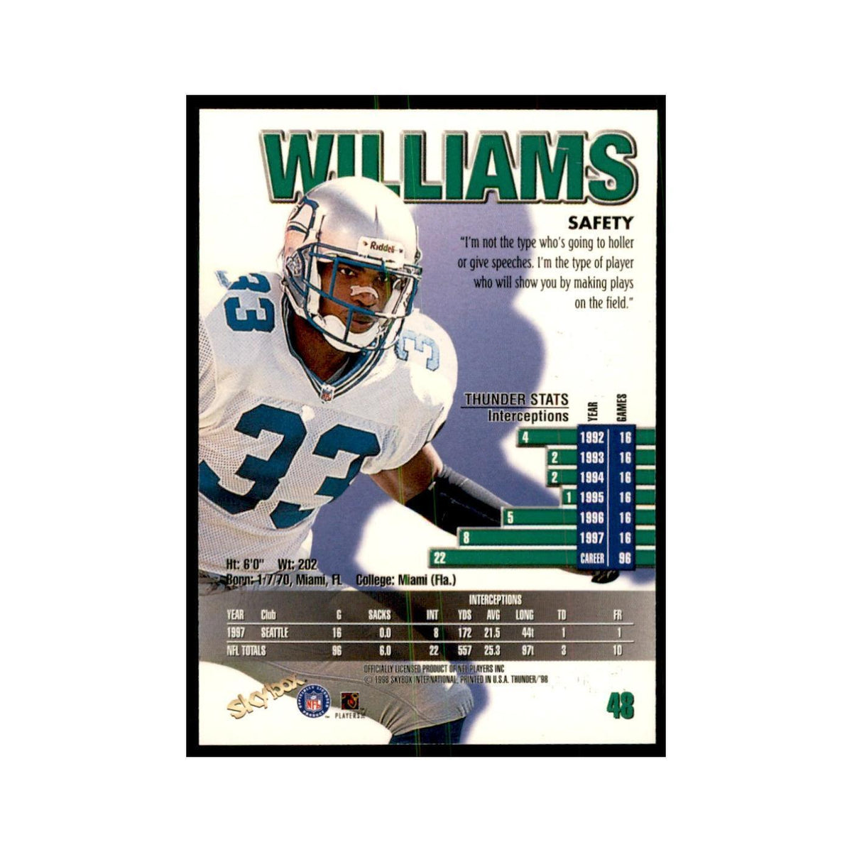Darryl Williams 1998 SkyBox Thunder #48 Football Cards Football Card NM