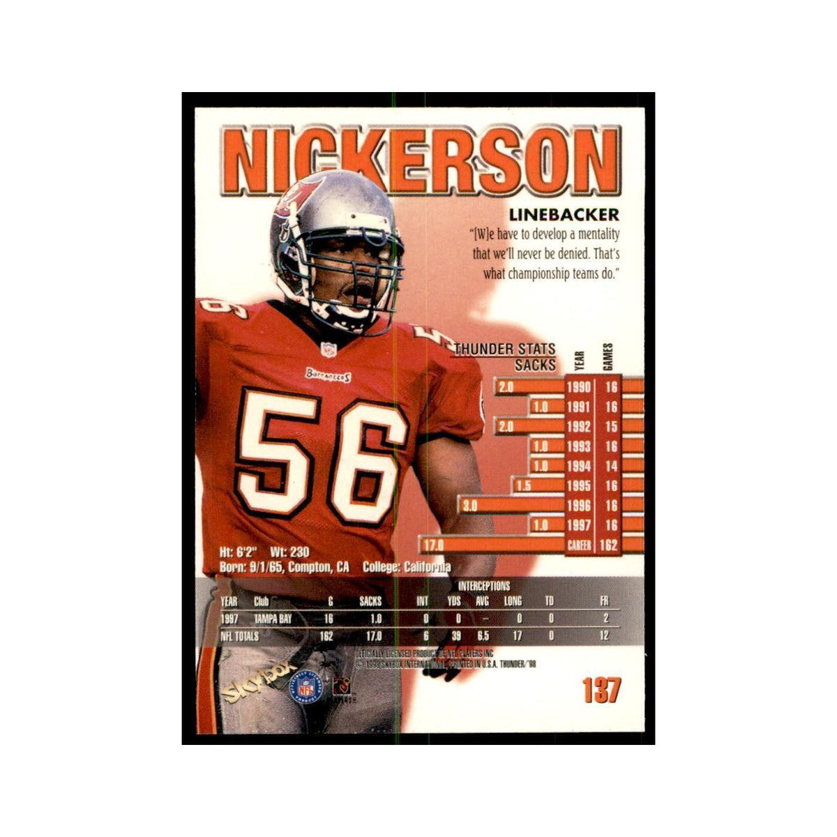 Hardy Nickerson 1998 SkyBox Thunder #137 Football Cards Football Card NM
