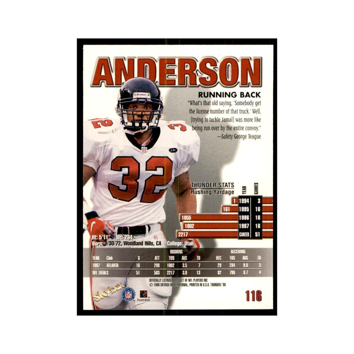 Jamal Anderson 1998 SkyBox Thunder #116 Football Cards Football Card NM