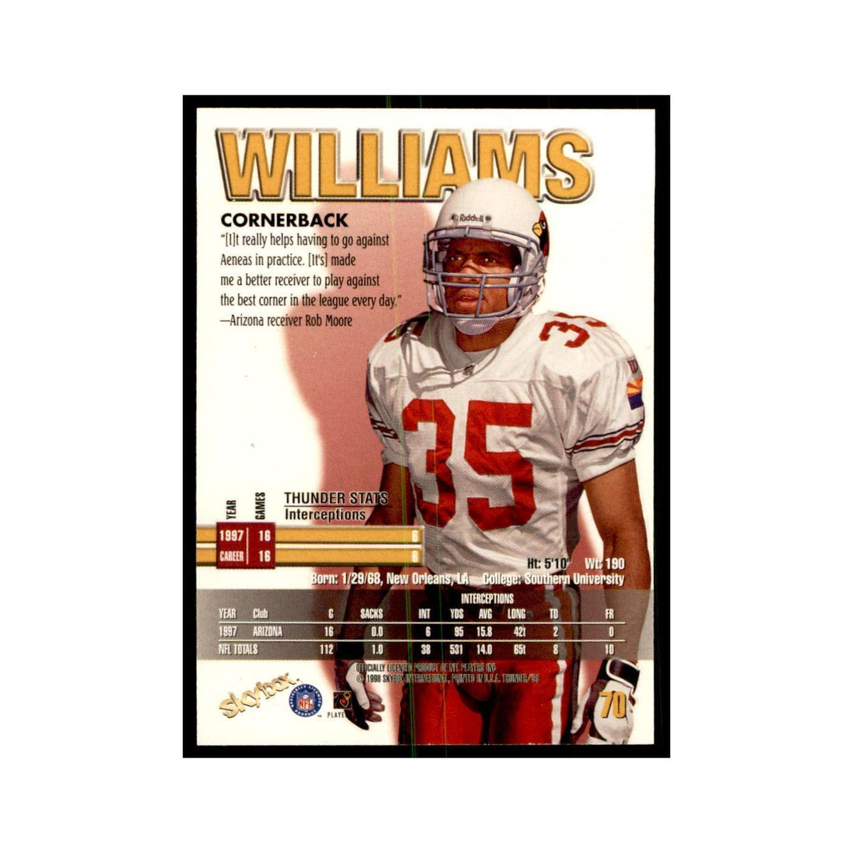 Aeneas Williams 1998 SkyBox Thunder #70 Football Cards Football Card NM