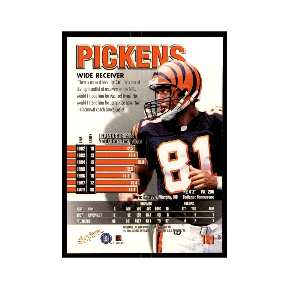 Carl Pickens 1998 SkyBox Thunder #191 Football Cards Football Card NM