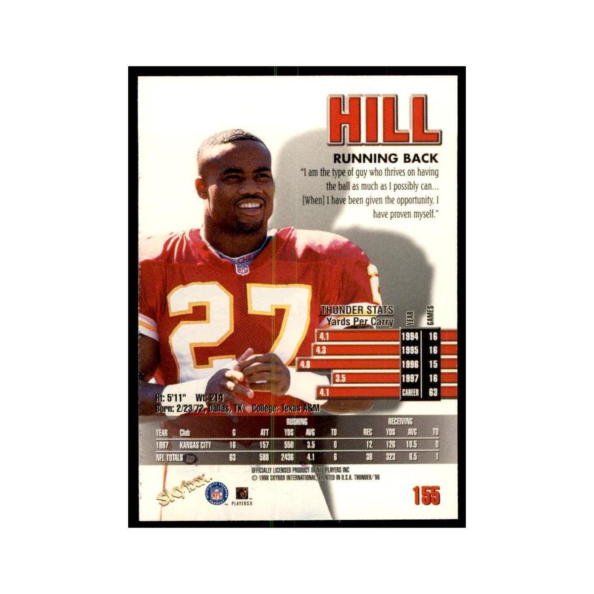 Greg Hill 1998 SkyBox Thunder #155 Football Cards Football Card NM