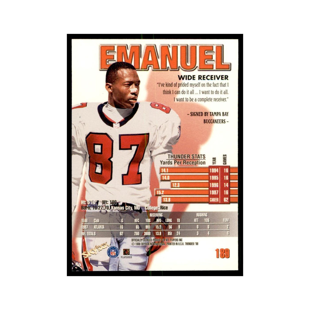 Bert Emanuel 1998 SkyBox Thunder #189 Football Cards Football Card NM