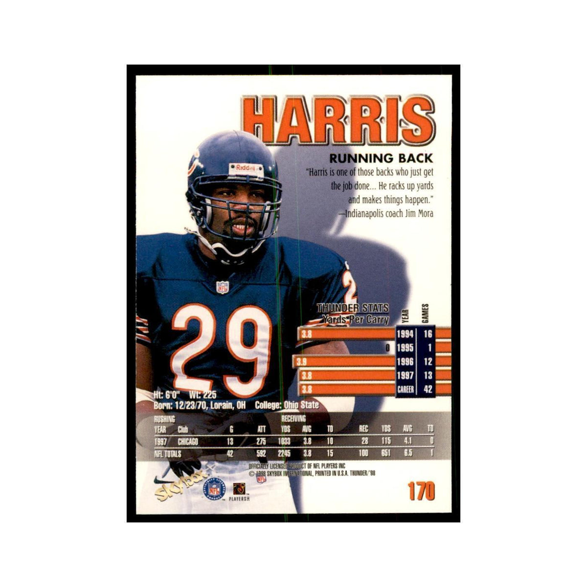 Raymont Harris 1998 SkyBox Thunder #170 Football Cards Football Card NM