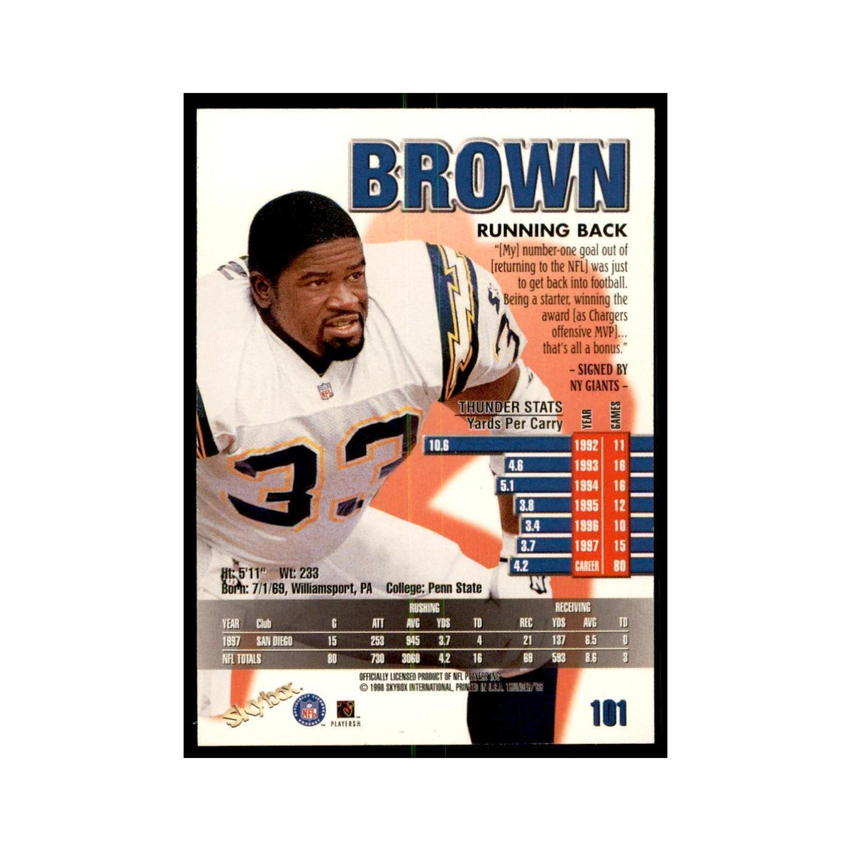 Gary Brown 1998 SkyBox Thunder #101 Football Cards Football Card NM