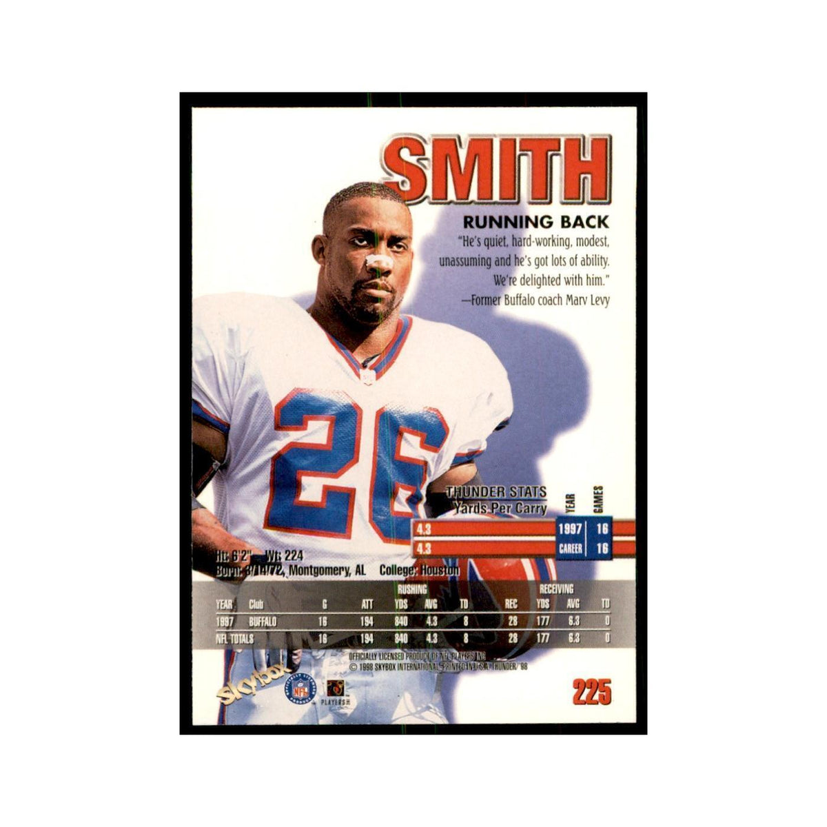 Antowain Smith 1998 SkyBox Thunder #225 Football Cards Football Card NM