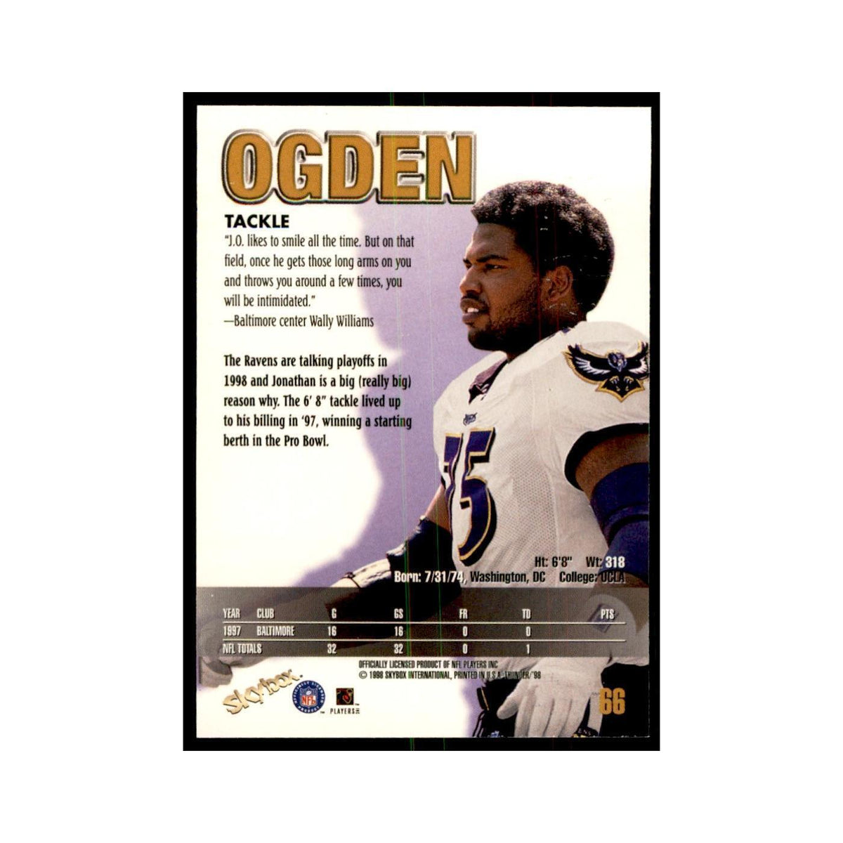 Jonathan Ogden 1998 SkyBox Thunder #66 Football Cards Football Card NM