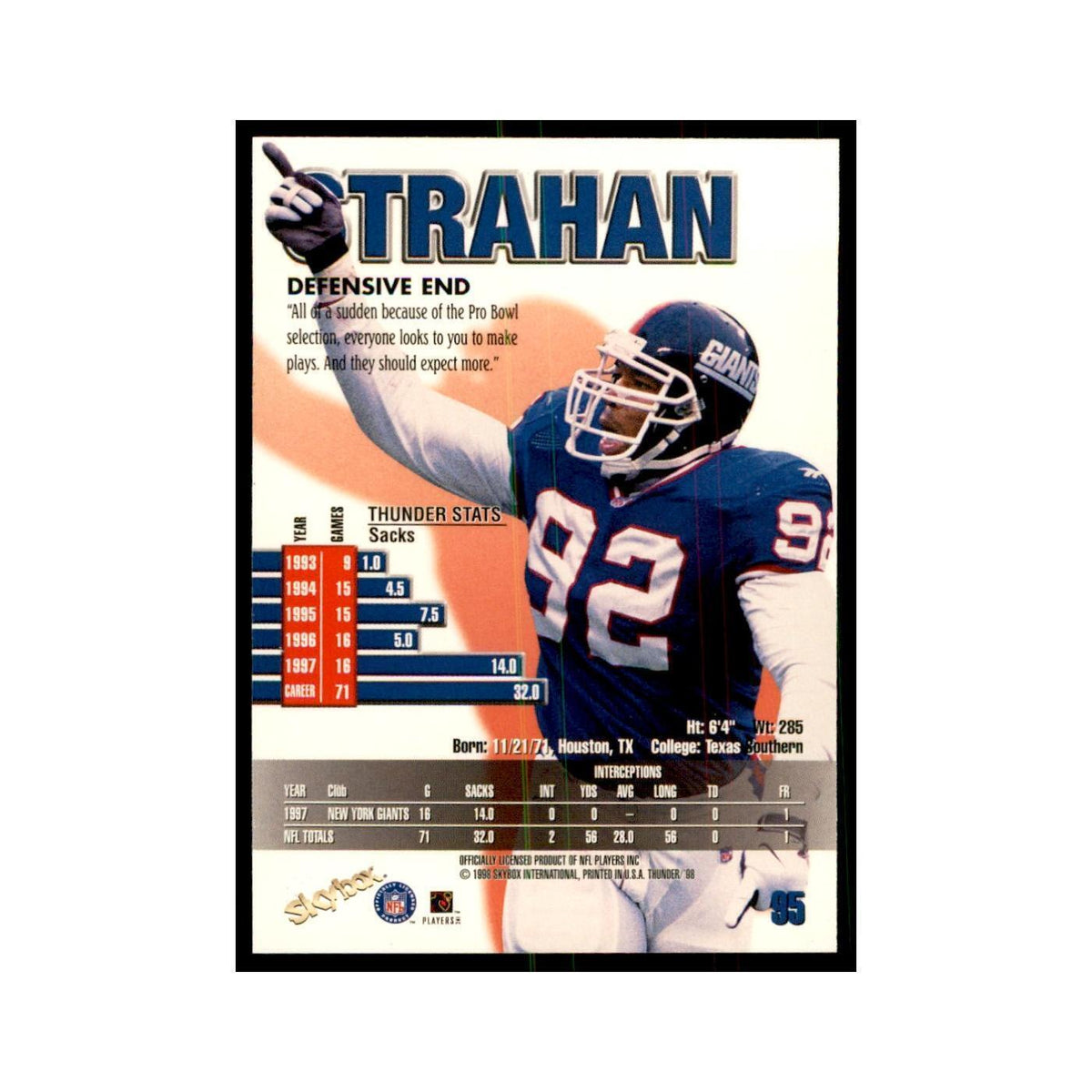Michael Strahan 1998 SkyBox Thunder #95 Football Cards Football Card NM