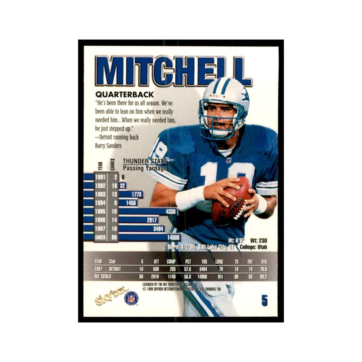 Scott Mitchell 1998 SkyBox Thunder #5 Football Cards Football Card NM