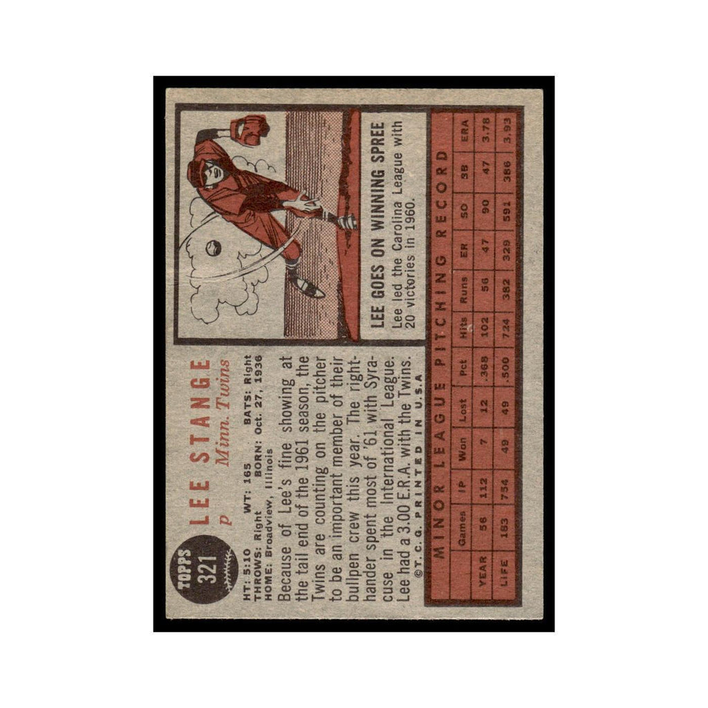 Lee Stange Rookie 1962 Topps (Damaged) #321 Minnesota Twins Baseball Card Poor