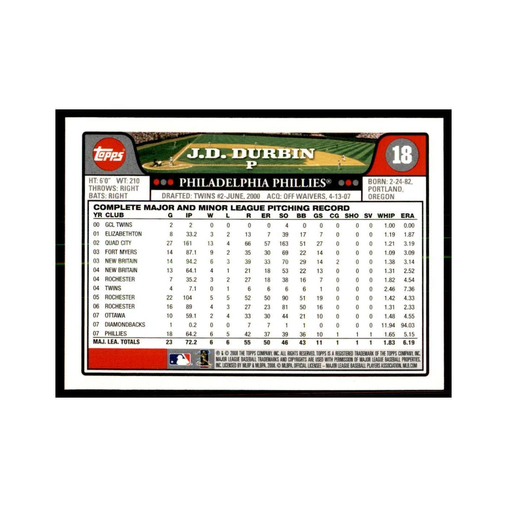 J.D. Durbin 2008 Topps #18 Baseball Cards Baseball Card NM
