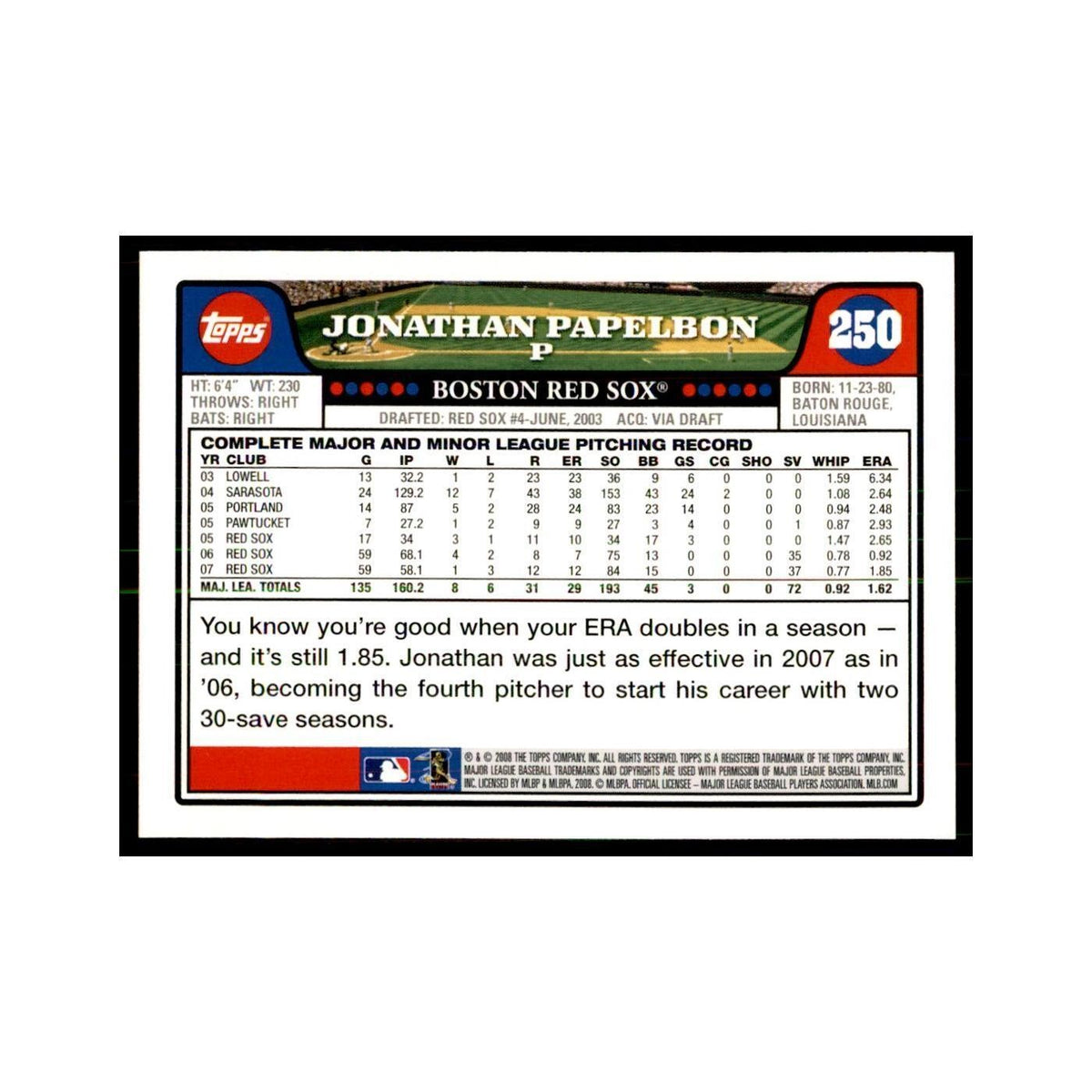 Jonathan Papelbon 2008 Topps #250 Baseball Cards Baseball Card NM