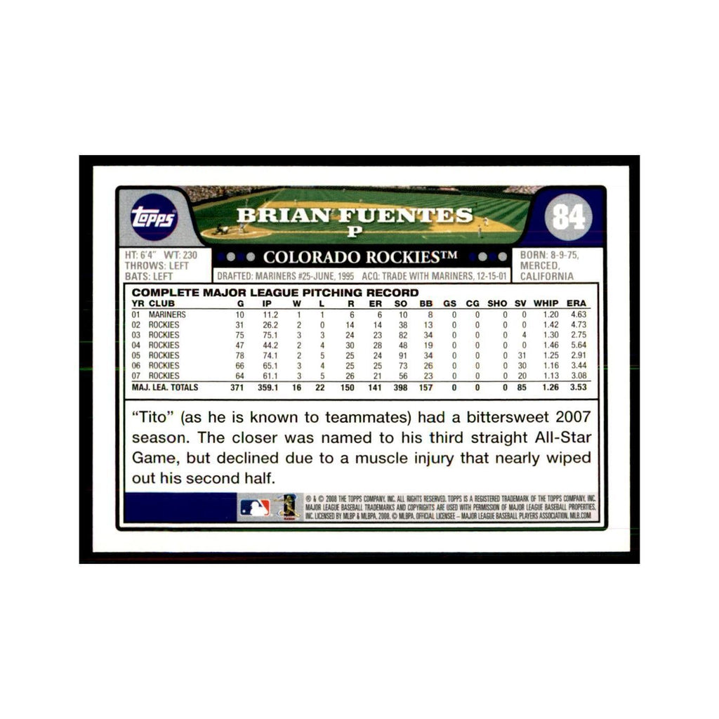 Brian Fuentes 2008 Topps #84 Baseball Cards Baseball Card NM