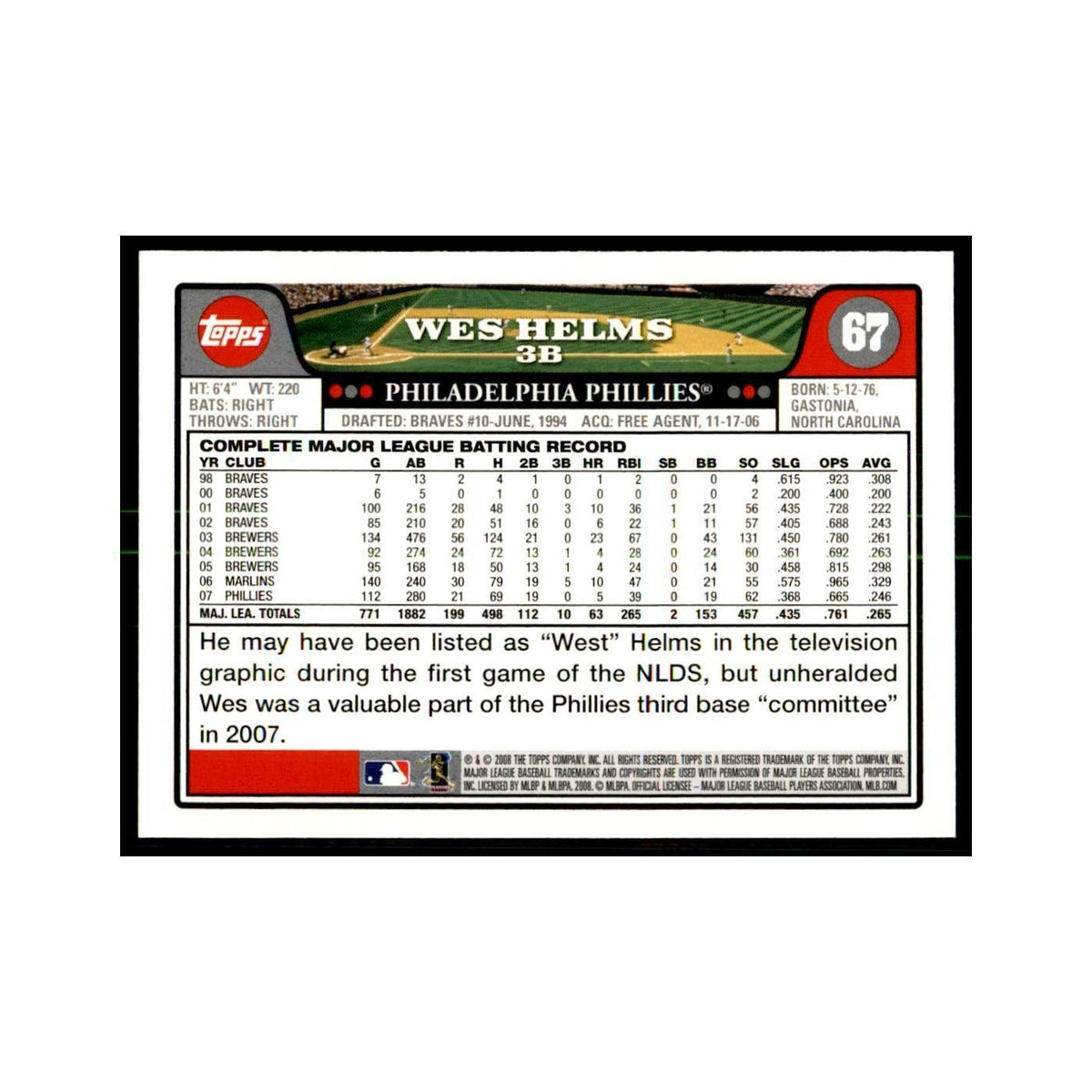 Wes Helms 2008 Topps #67 Baseball Cards Baseball Card NM