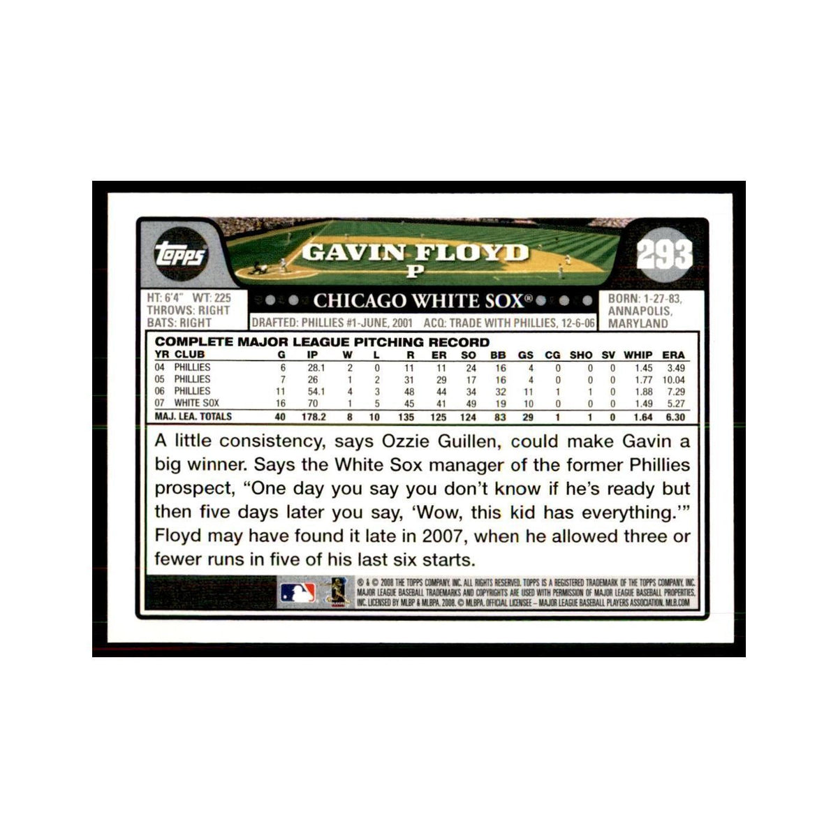 Gavin Floyd 2008 Topps #293 Baseball Cards Baseball Card NM