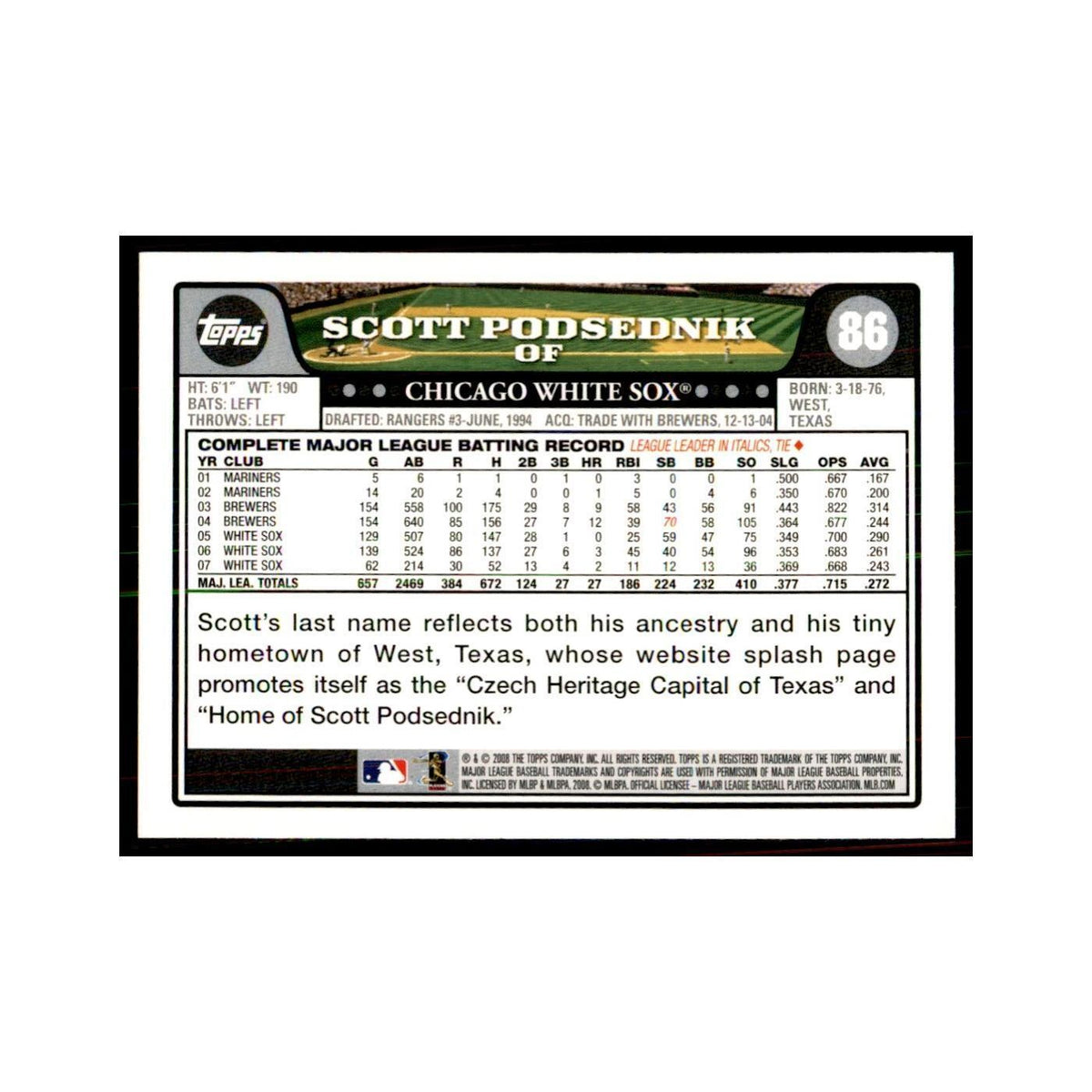 Scott Podsednik 2008 Topps #86 Baseball Cards Baseball Card NM