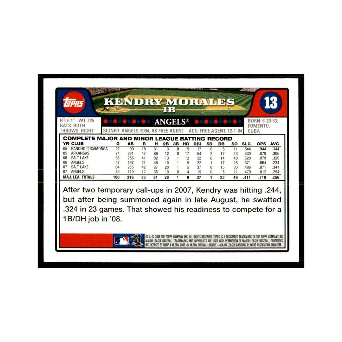 Kendrys Morales 2008 Topps #13 Baseball Cards Baseball Card NM