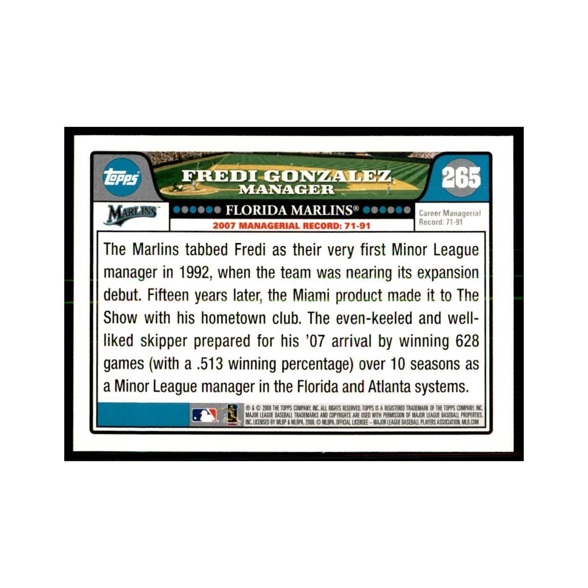 Fredi Gonzalez 2008 Topps #265 Baseball Cards Baseball Card NM