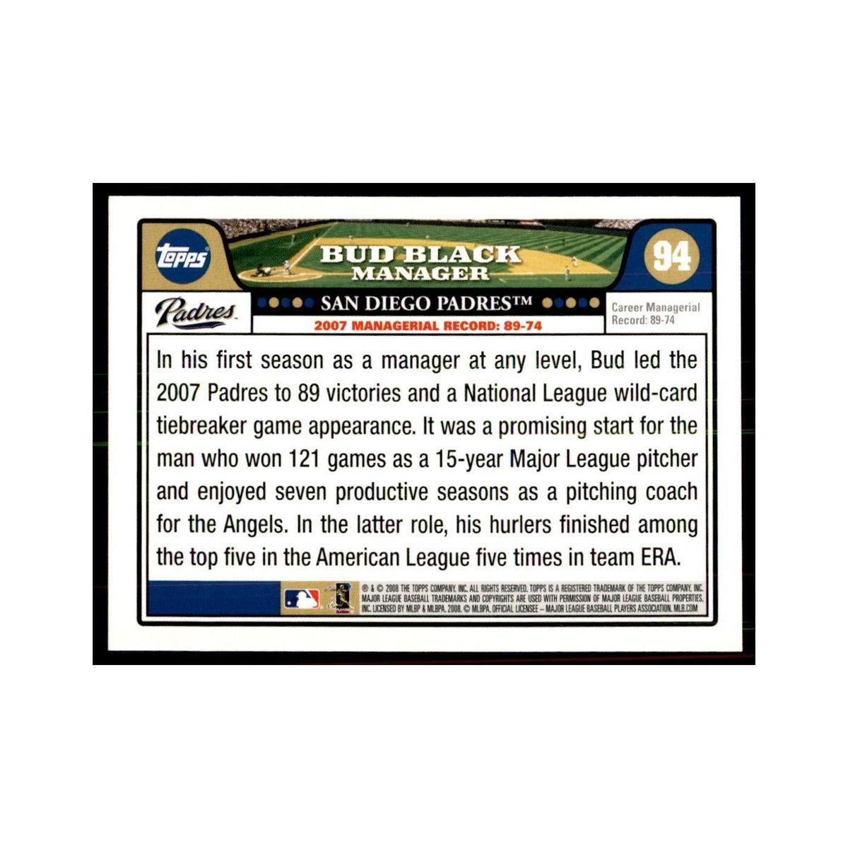Bud Black 2008 Topps #94 Baseball Cards Baseball Card NM