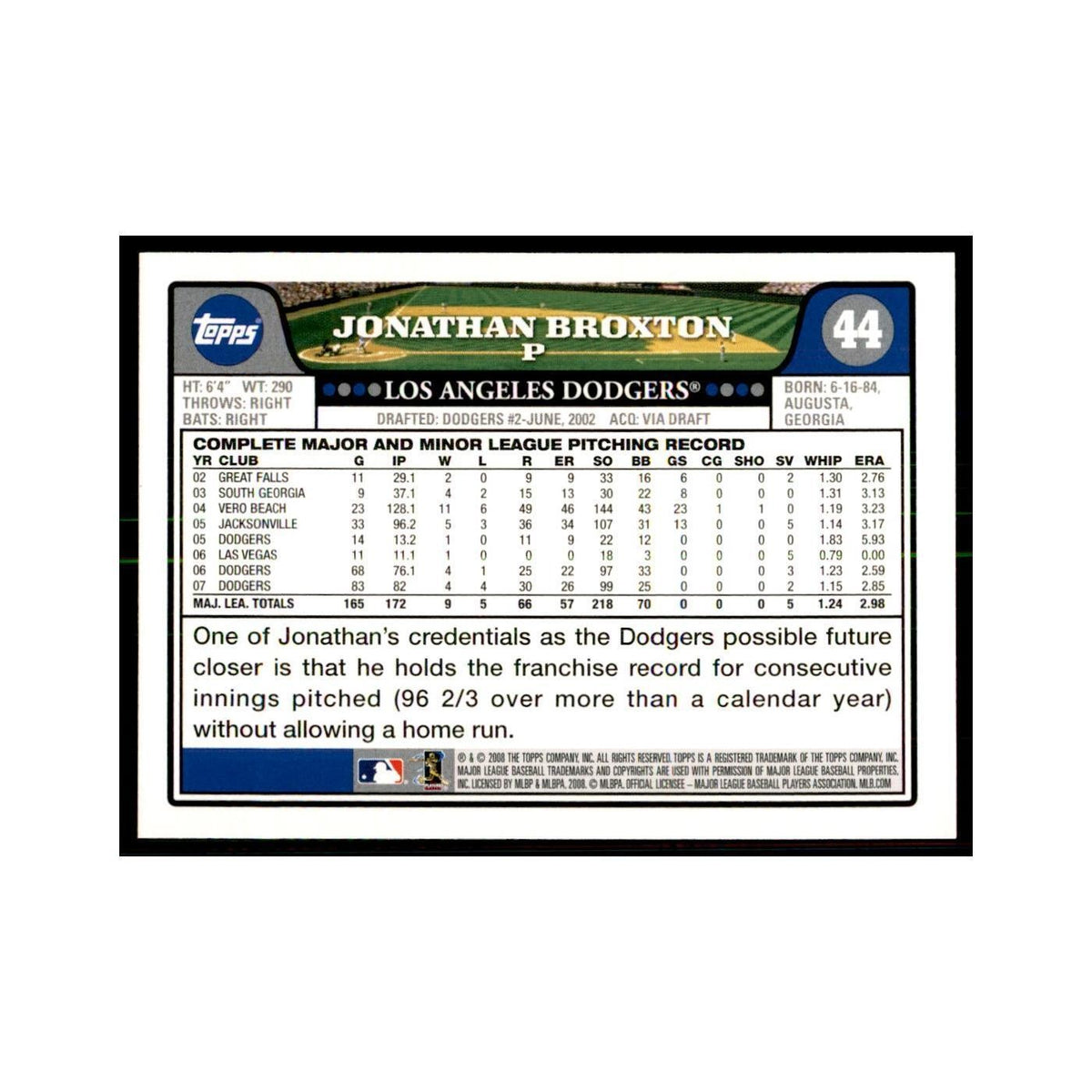 Jonathan Broxton 2008 Topps #44 Baseball Cards Baseball Card NM