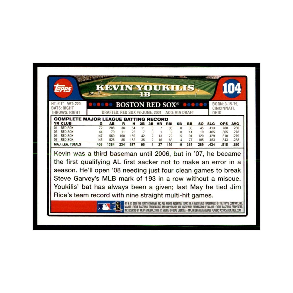 Kevin Youkilis 2008 Topps #104 Baseball Cards Baseball Card NM