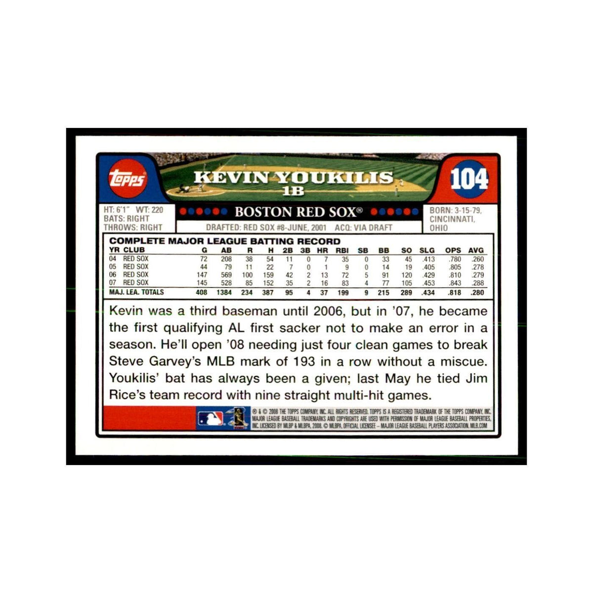 Kevin Youkilis 2008 Topps #104 Baseball Cards Baseball Card NM