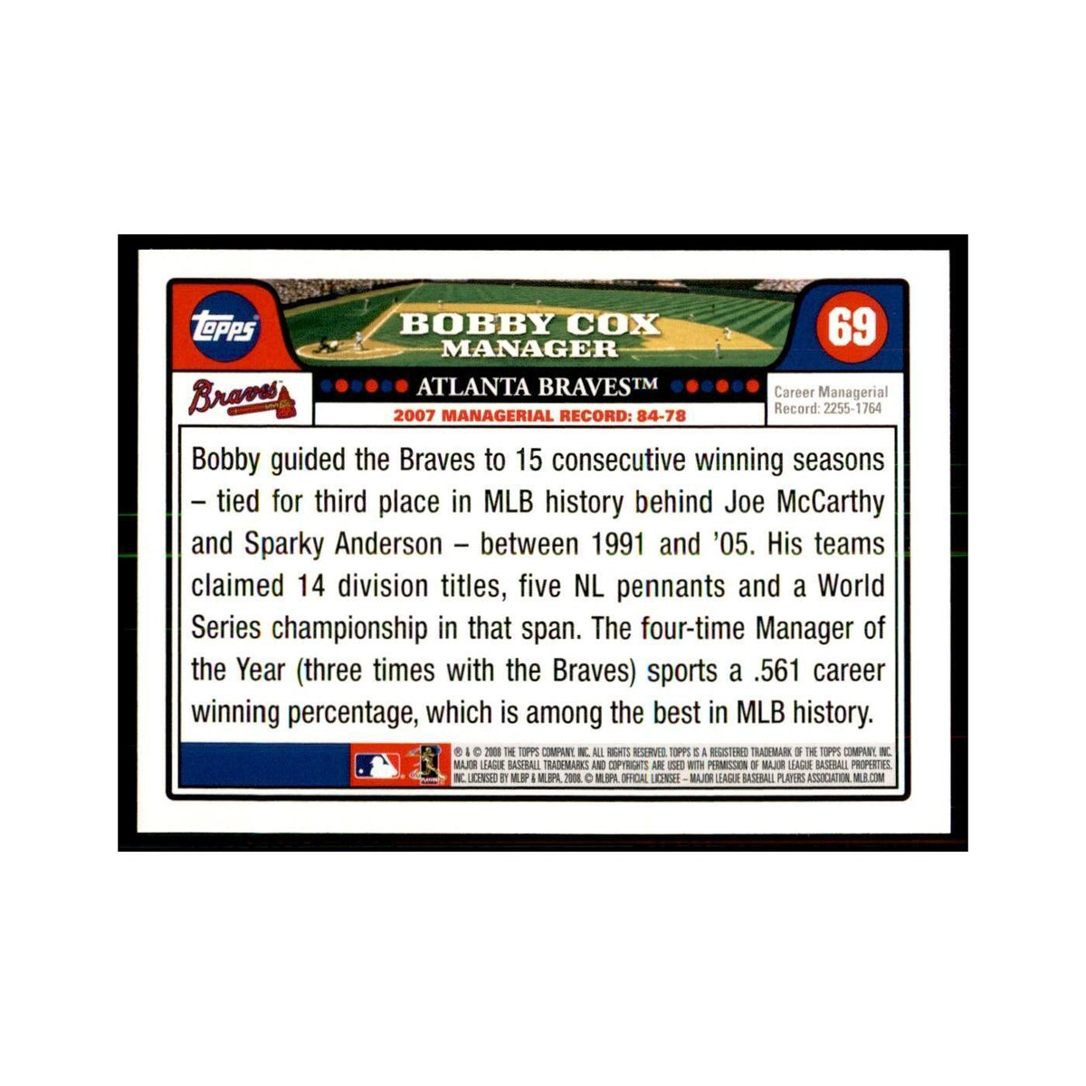 Bobby Cox 2008 Topps #69 Baseball Cards Baseball Card NM