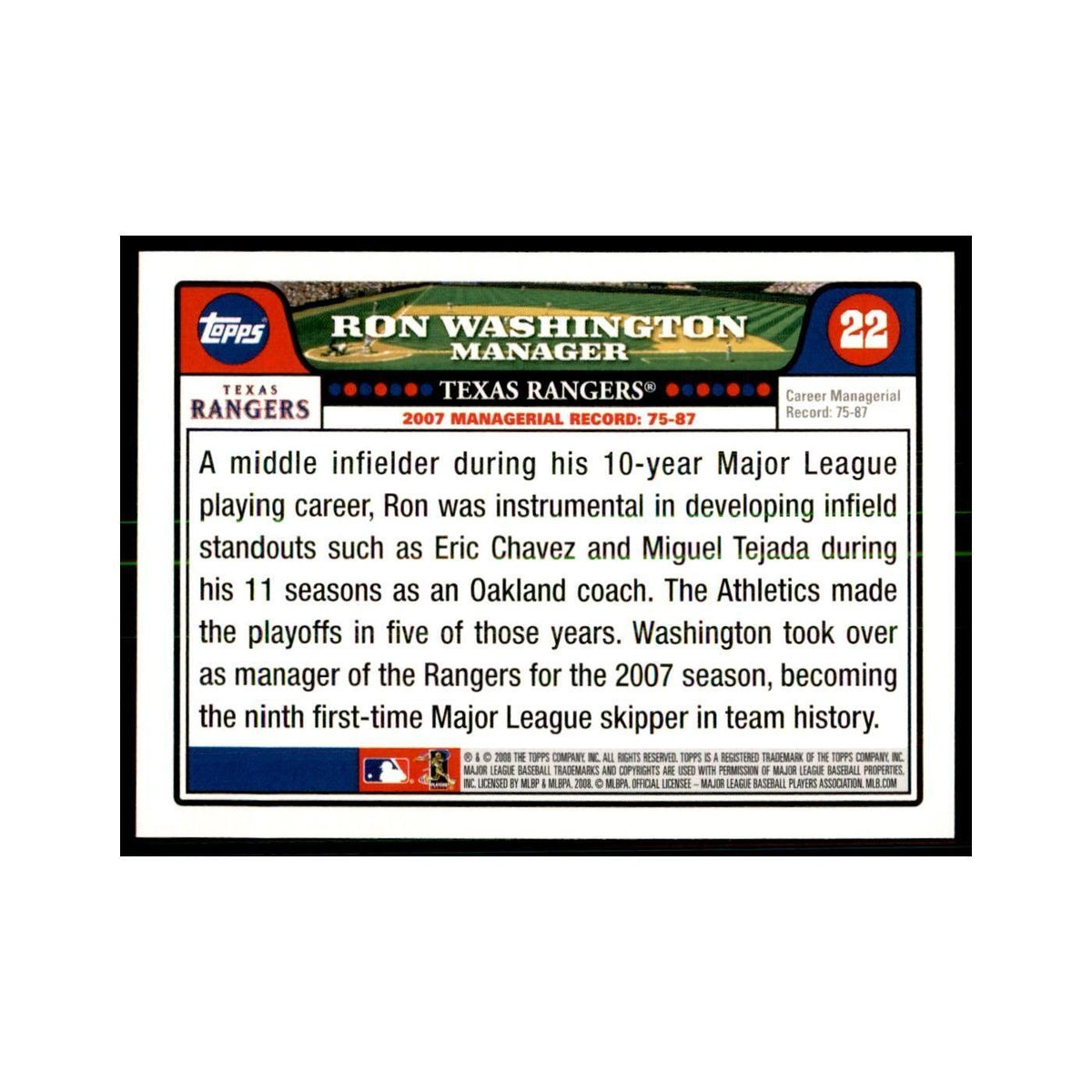 Ron Washington 2008 Topps #22 Baseball Cards Baseball Card NM
