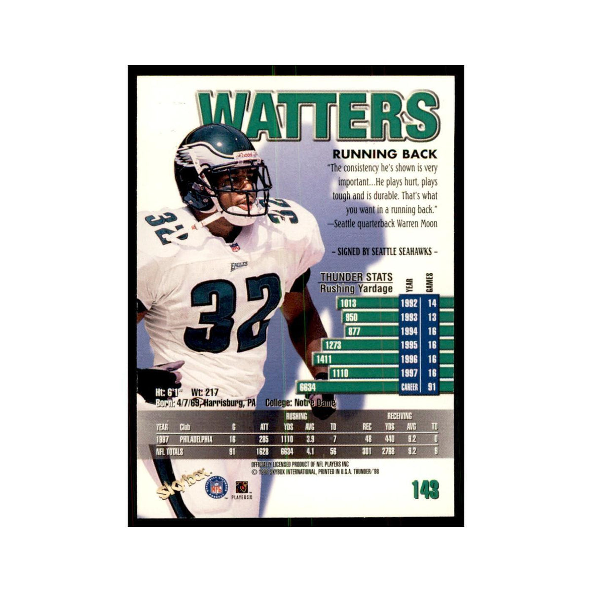 Ricky Watters 1998 SkyBox Thunder #143 Football Cards Football Card NM