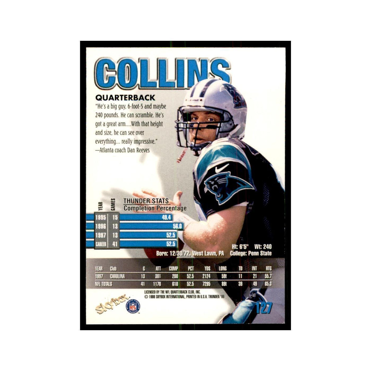 Kerry Collins 1998 SkyBox Thunder #127 Football Cards Football Card NM