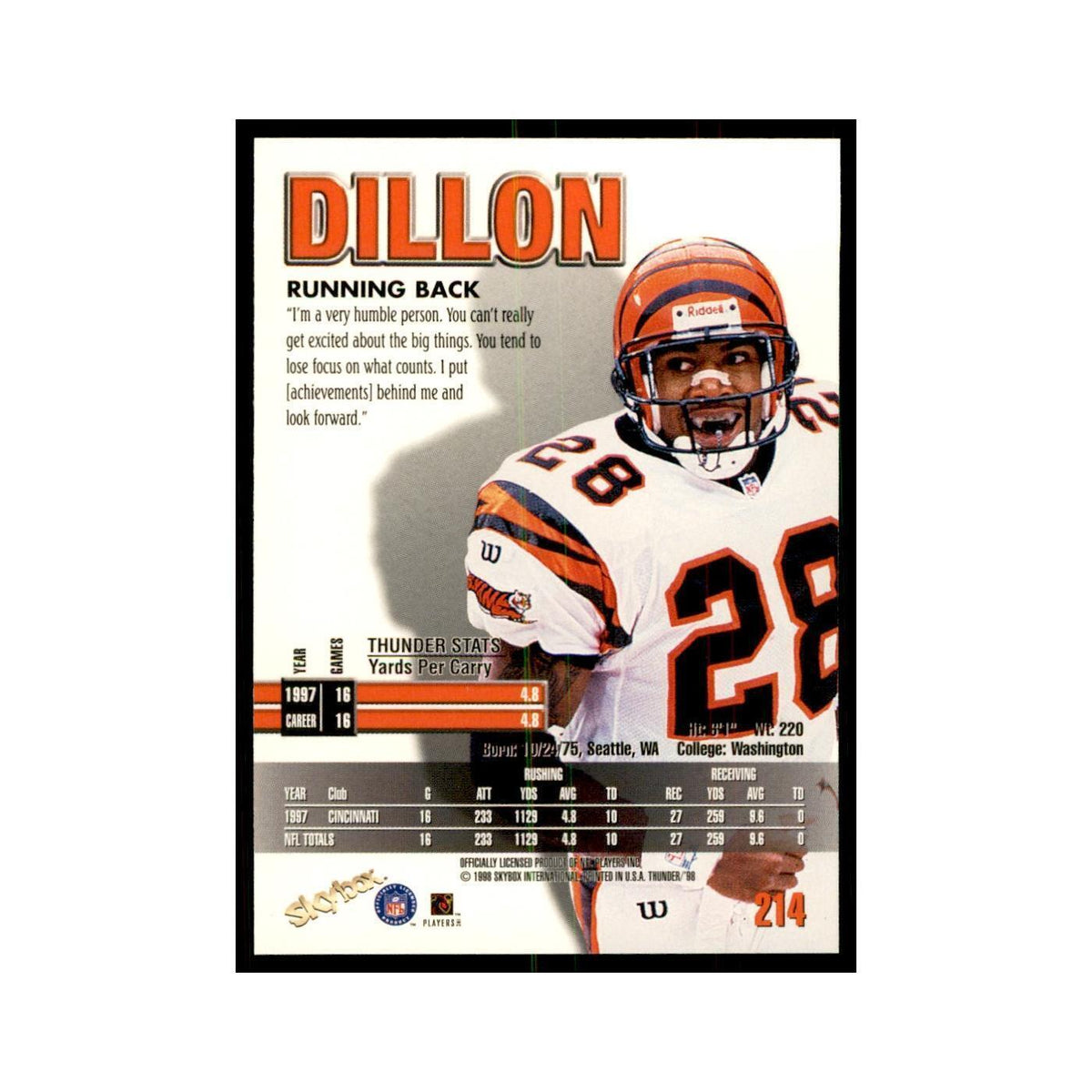 Corey Dillon 1998 SkyBox Thunder #214 Football Cards Football Card NM