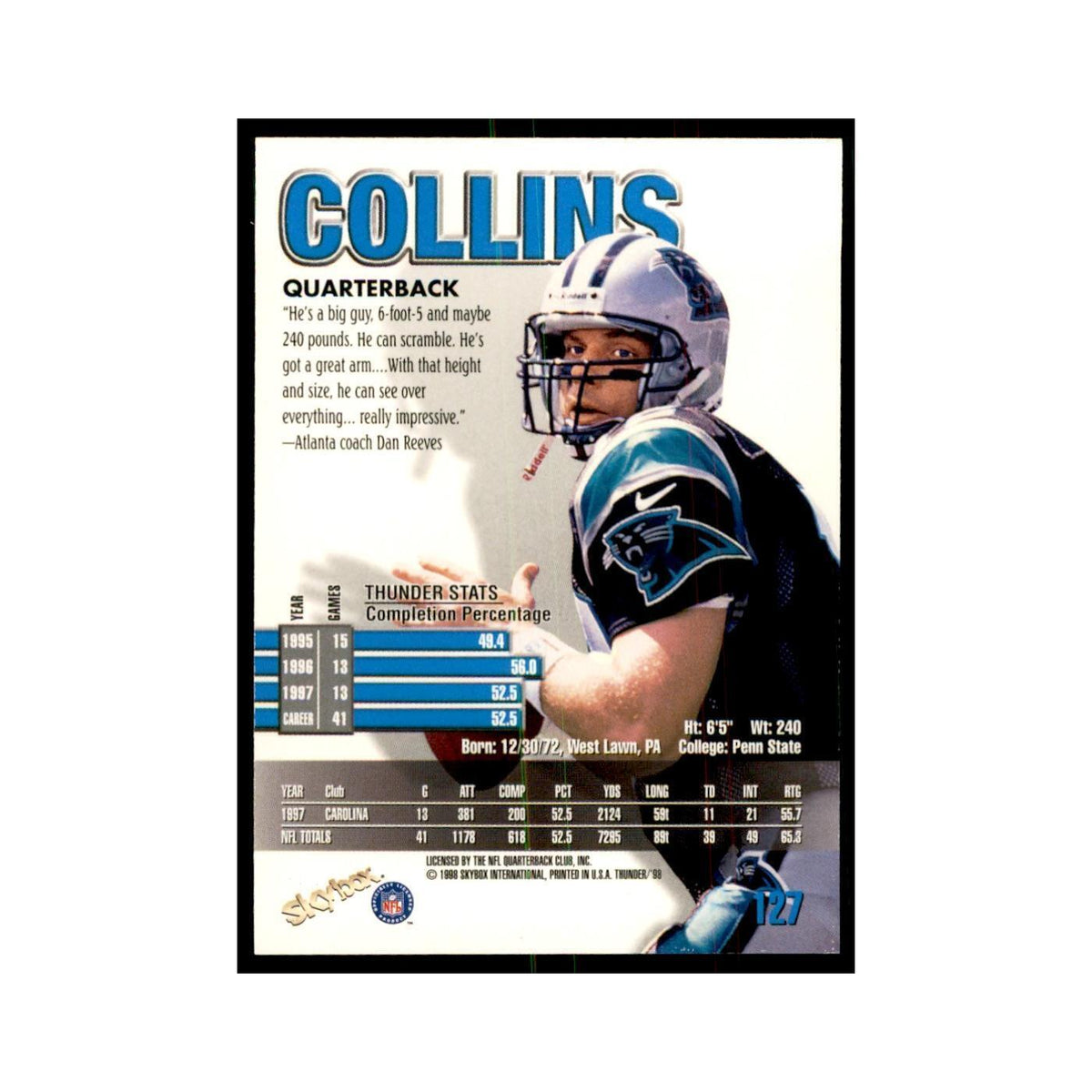 Kerry Collins 1998 SkyBox Thunder #127 Football Cards Football Card NM
