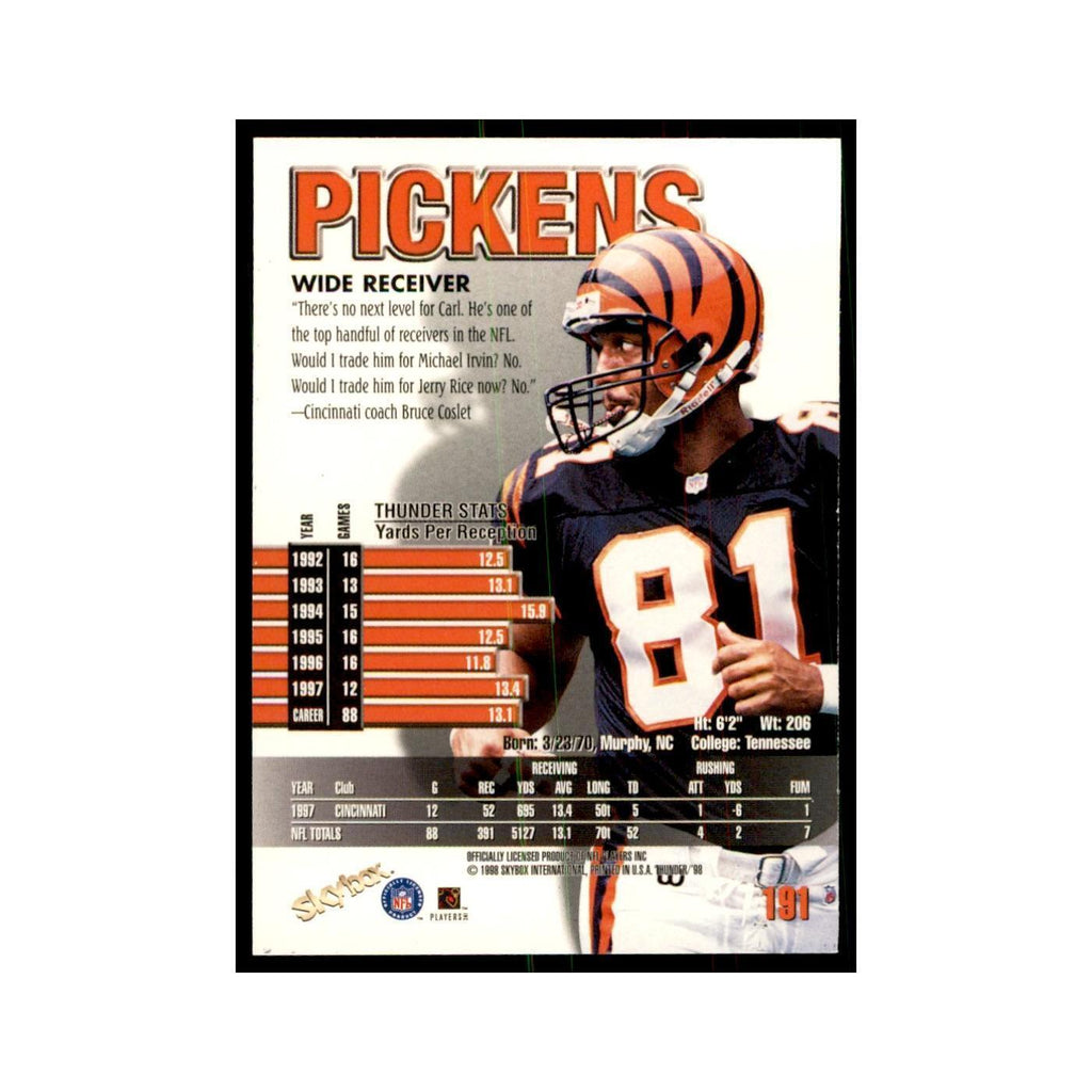 Carl Pickens 1998 SkyBox Thunder #191 Football Cards Football Card NM