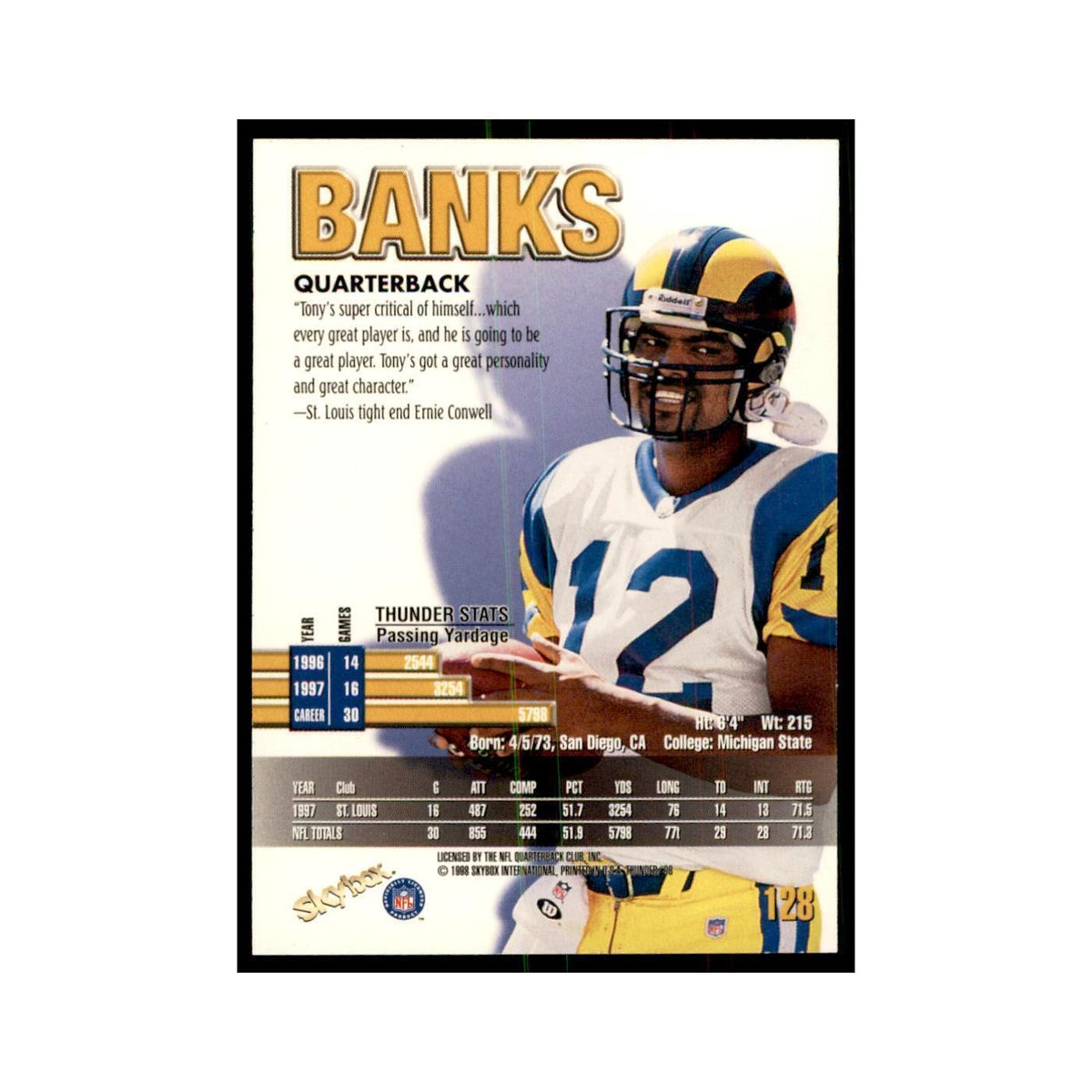 Tony Banks 1998 SkyBox Thunder #128 Football Cards Football Card NM