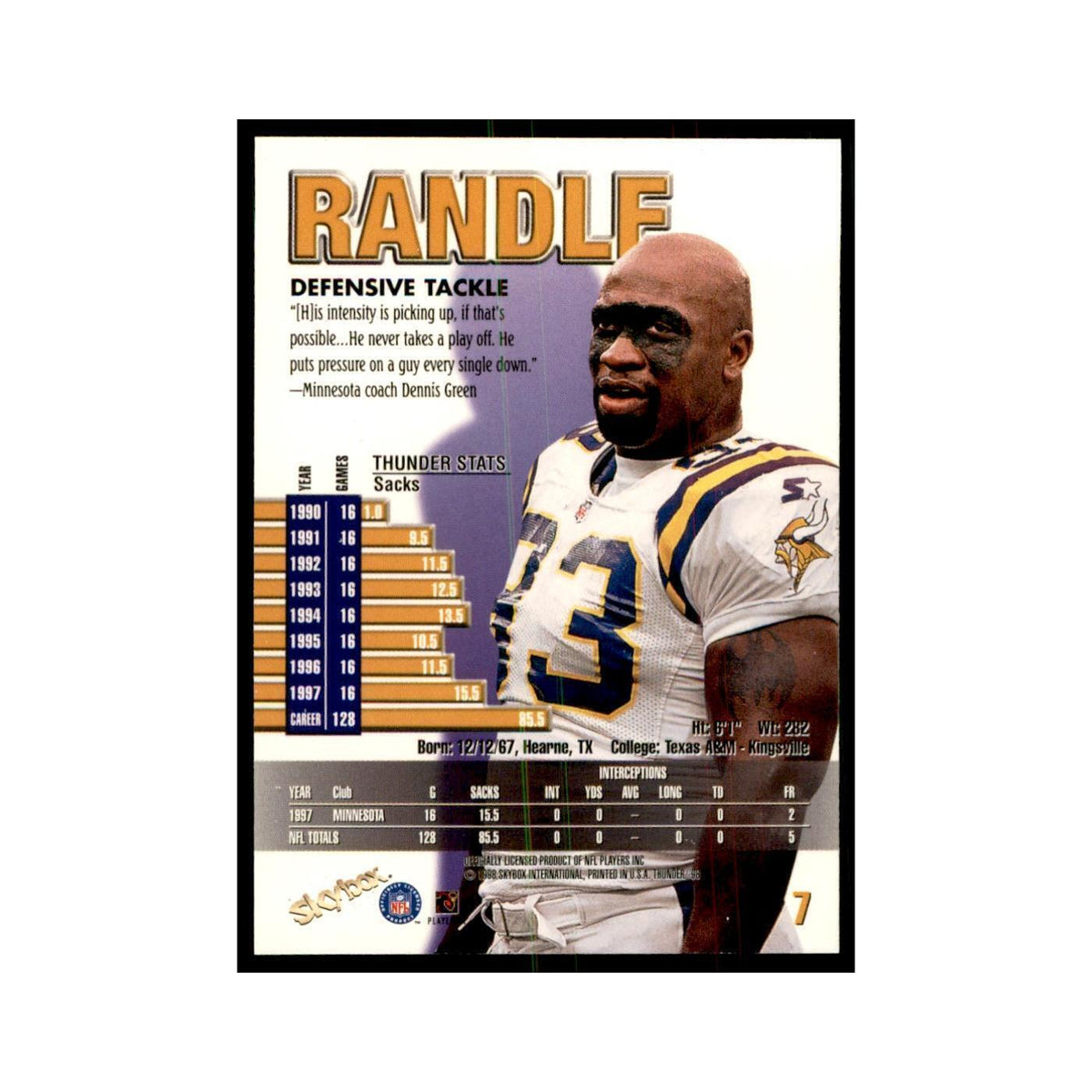 John Randle 1998 SkyBox Thunder #7 Football Cards Football Card NM