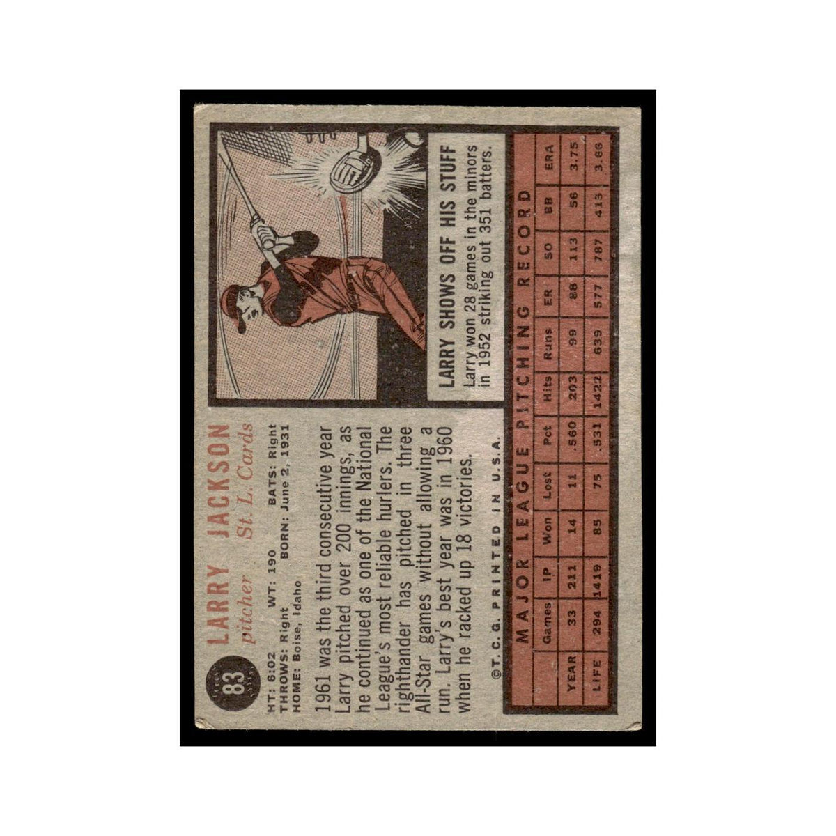 Larry Jackson 1962 Topps #83 St. Louis Cardinals Baseball Card VG