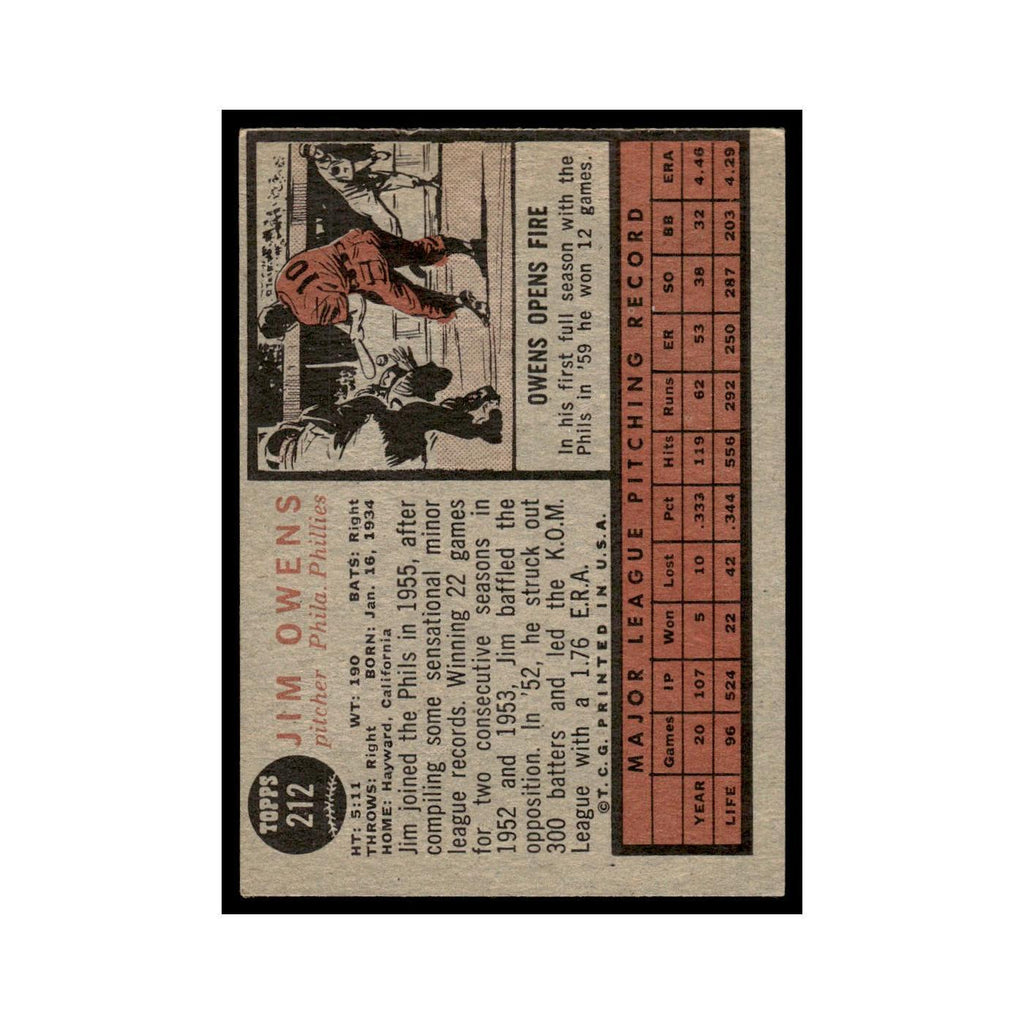 Jim Owens 1962 Topps #212 Philadelphia Phillies Baseball Card VG