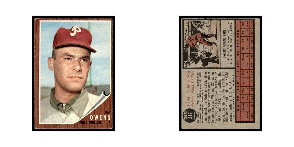 Jim Owens 1962 Topps #212 Philadelphia Phillies Baseball Card VG
