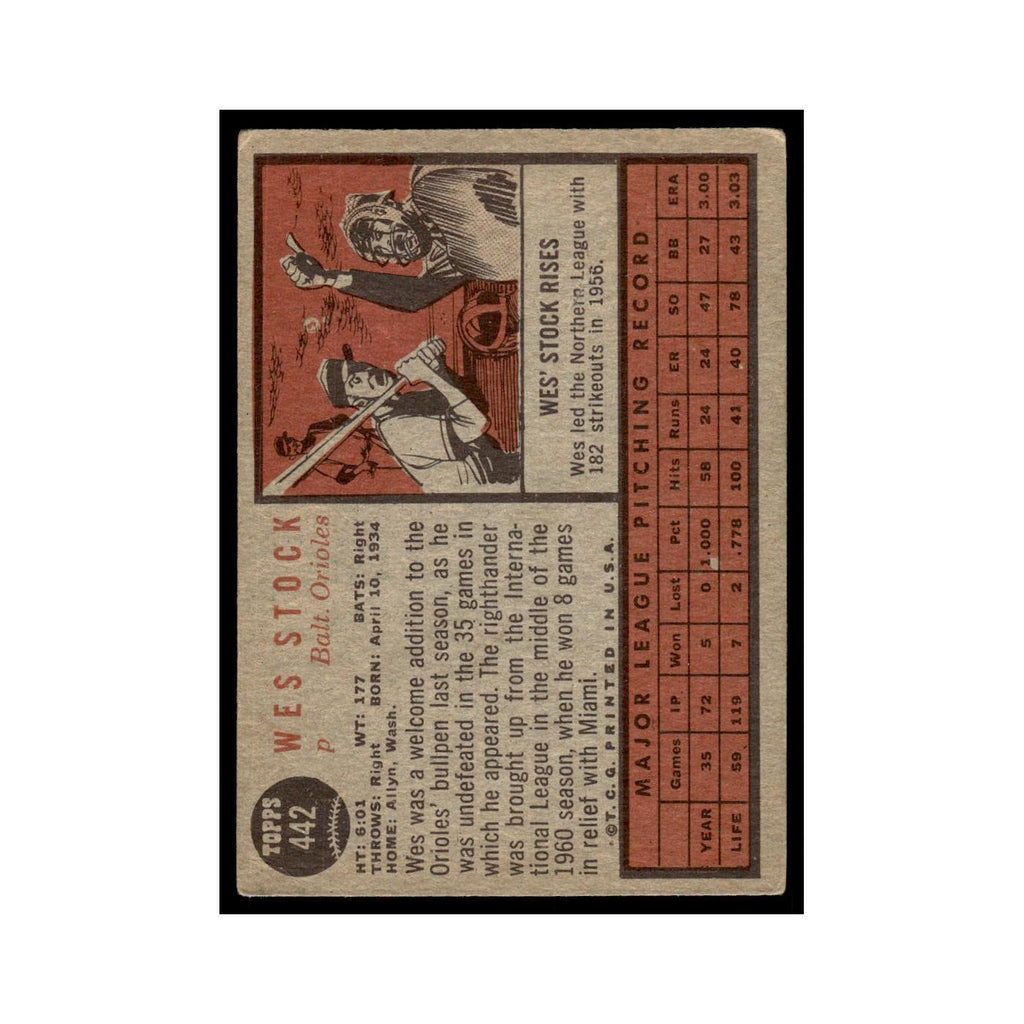 Wes Stock 1962 Topps #44 Baltimore Orioles Baseball Card VG