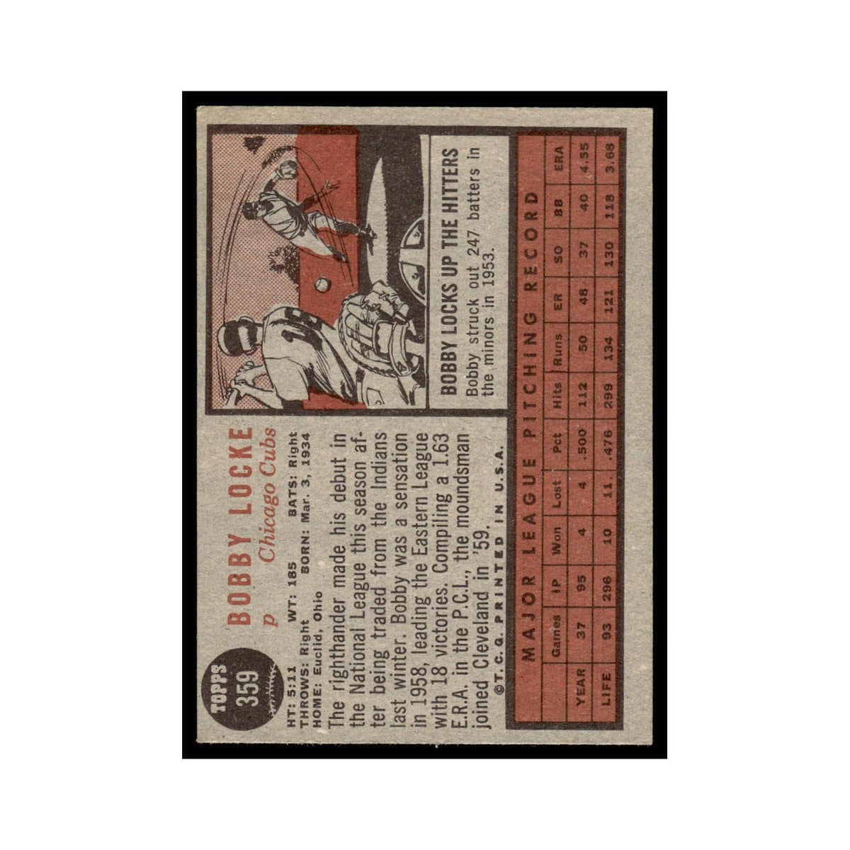 Bobby Locke 1962 Topps #359 Chicago Cubs Baseball Card VG