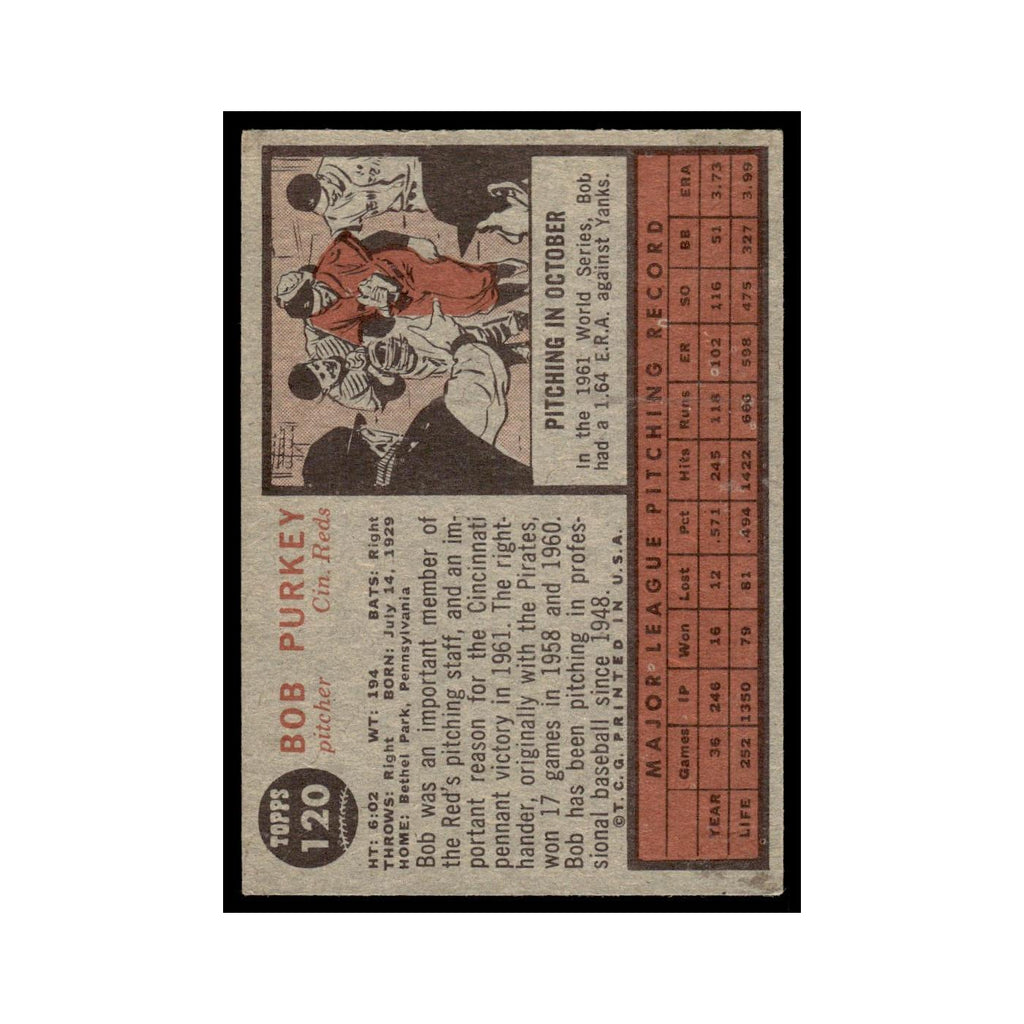 Bob Purkey 1962 Topps #120 Cincinnati Reds Baseball Card VG