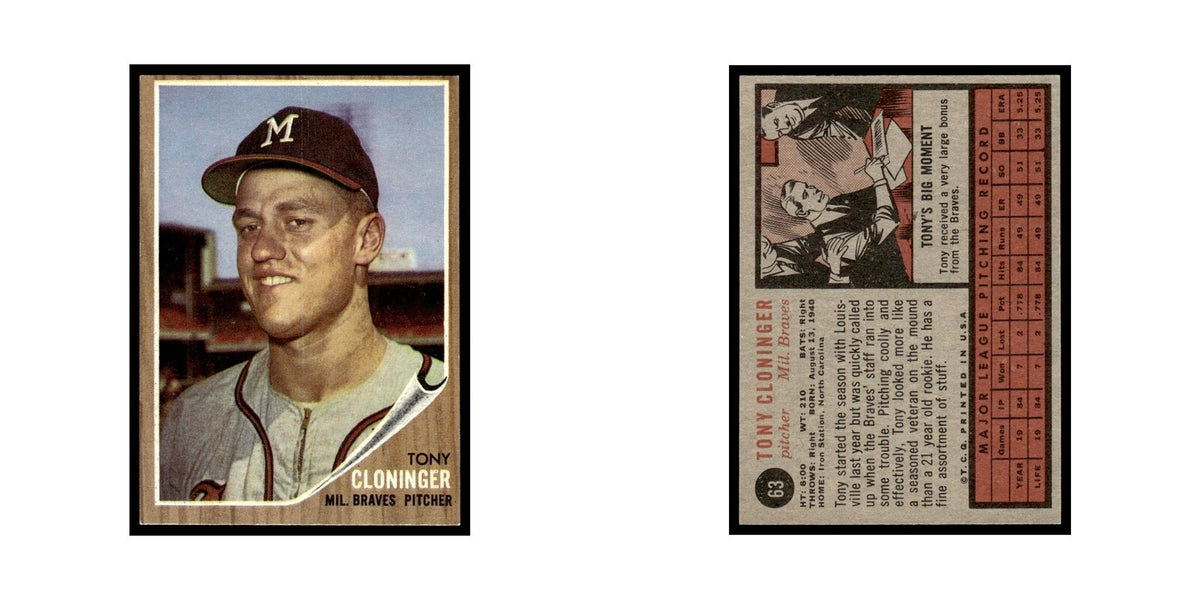 Tony Cloninger 1962 Topps #63 Milwaukee Braves Baseball Card VG