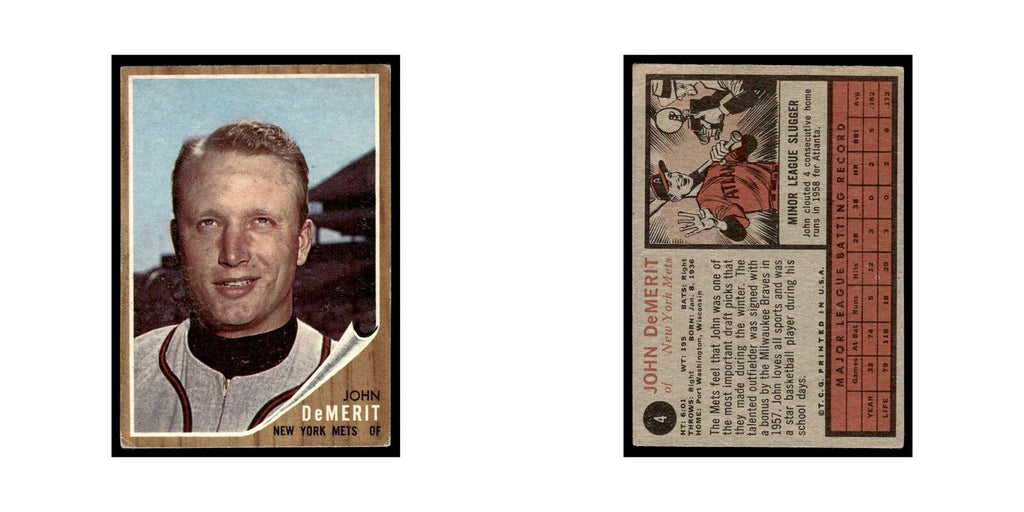 John DeMerit 1962 Topps #4 New York Mets Baseball Card VG