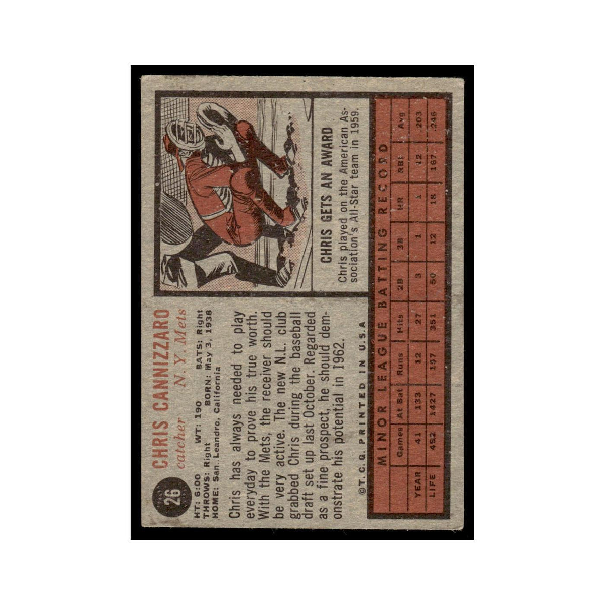 Chris Cannizzaro 1962 Topps #26 New York Mets Baseball Card VG
