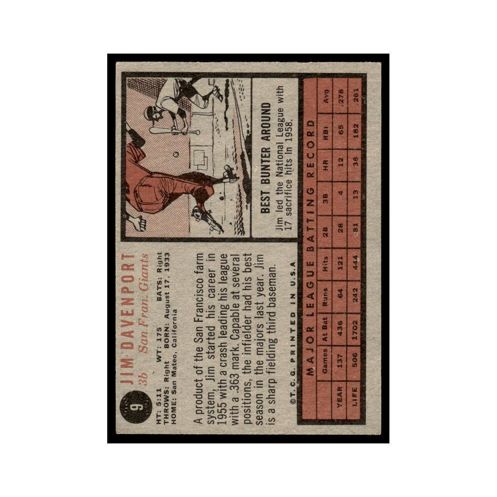 Jim Davenport 1962 Topps #9 San Francisco Giants Baseball Card VG