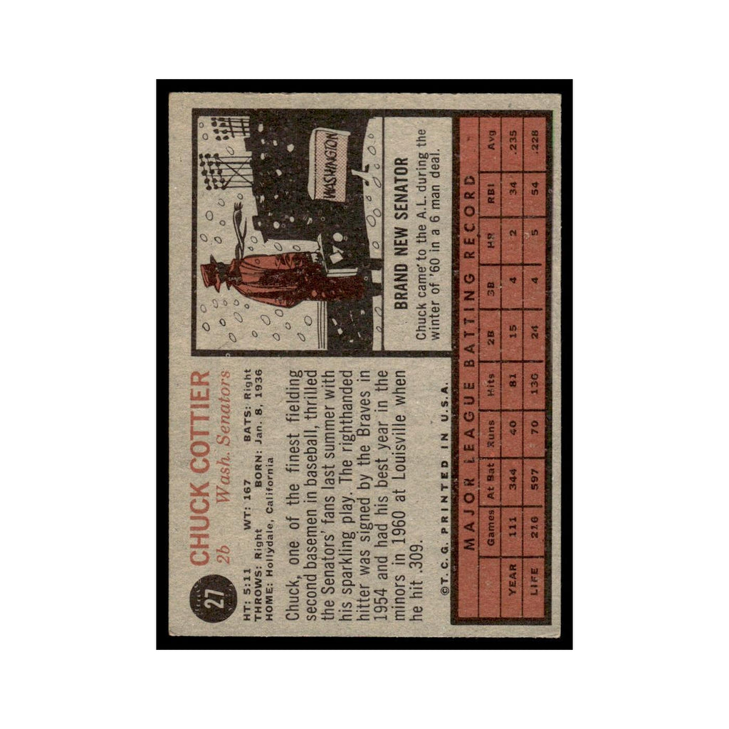 Chuck Cottier 1962 Topps #27 Washington Senators Baseball Card VG